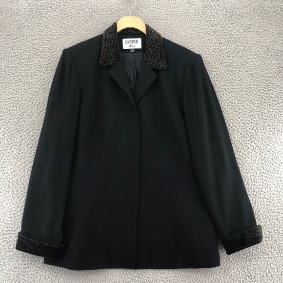 Kasper Blazer Womens 12 Black Leopard Print Velvet Trim Button Up Office Career - Picture 1 of 9
